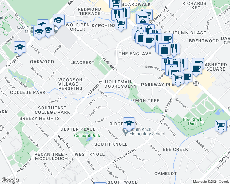 map of restaurants, bars, coffee shops, grocery stores, and more near 1211 Holik Drive in College Station