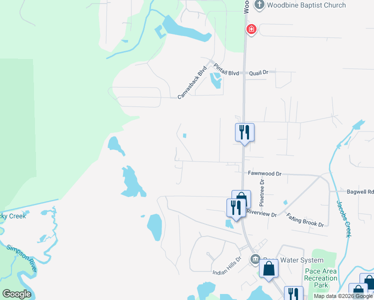 map of restaurants, bars, coffee shops, grocery stores, and more near 4633 Ephrem Lane in Pace