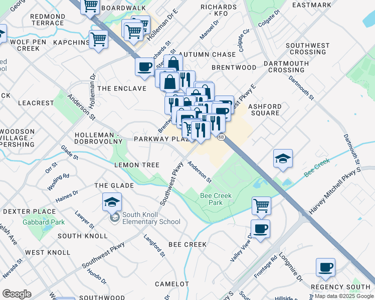 map of restaurants, bars, coffee shops, grocery stores, and more near 1713 Anderson Street in College Station