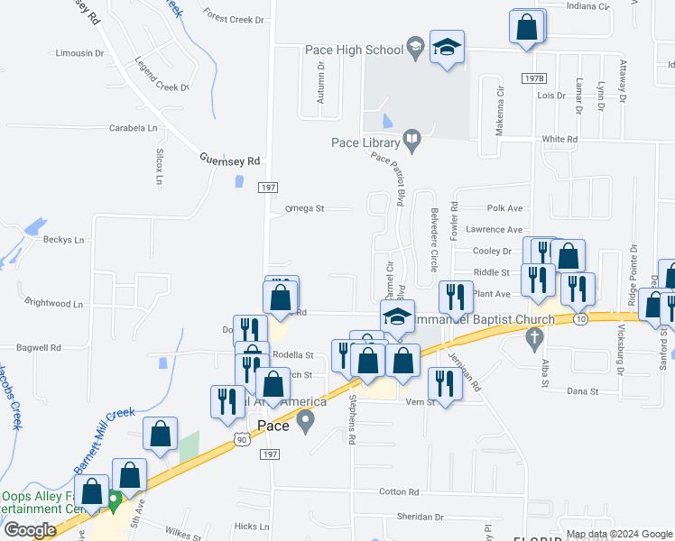 map of restaurants, bars, coffee shops, grocery stores, and more near 4648 Crossing Court in Pace