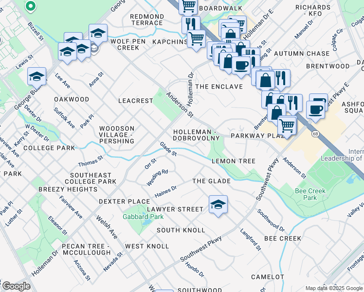 map of restaurants, bars, coffee shops, grocery stores, and more near 1211 Holik Drive in College Station