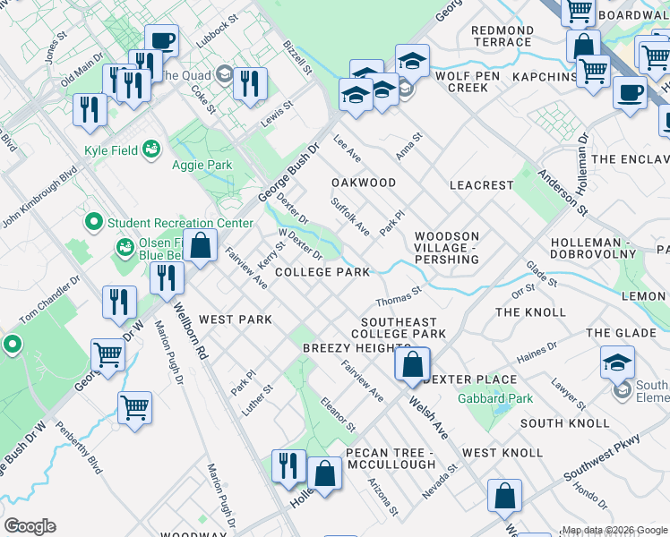 map of restaurants, bars, coffee shops, grocery stores, and more near 600 West Dexter Drive in College Station