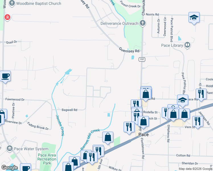 map of restaurants, bars, coffee shops, grocery stores, and more near 4640 Rambling Way in Pace