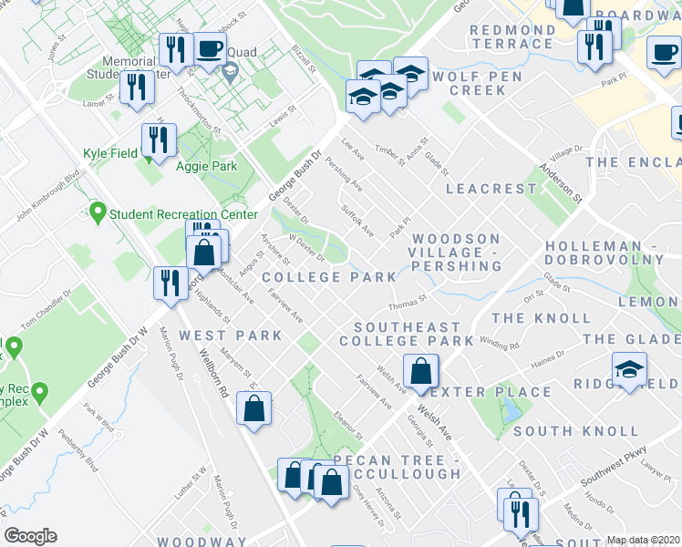 map of restaurants, bars, coffee shops, grocery stores, and more near 600 West Dexter Drive in College Station