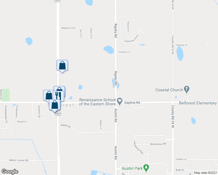 map of restaurants, bars, coffee shops, grocery stores, and more near 10375 Russ Road in Daphne