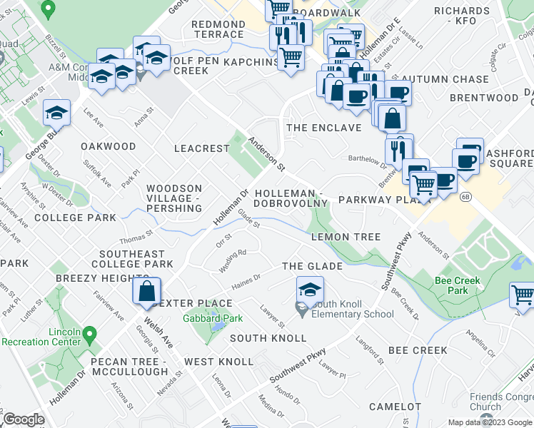 map of restaurants, bars, coffee shops, grocery stores, and more near 1204 Holik Drive in College Station
