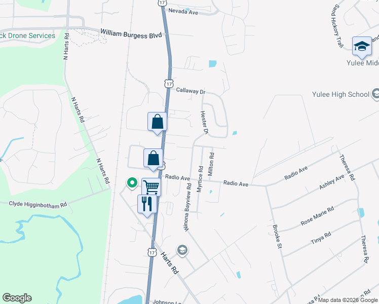 map of restaurants, bars, coffee shops, grocery stores, and more near 85589 Winona Bayview Road in Yulee
