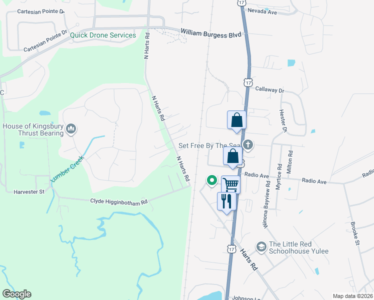map of restaurants, bars, coffee shops, grocery stores, and more near 85464 Harts Road in Yulee