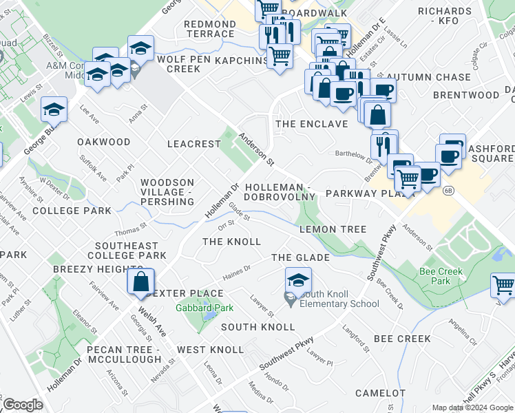 map of restaurants, bars, coffee shops, grocery stores, and more near 1110 Holik Drive in College Station