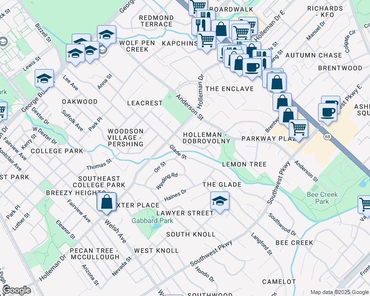map of restaurants, bars, coffee shops, grocery stores, and more near 1110 Holik Drive in College Station
