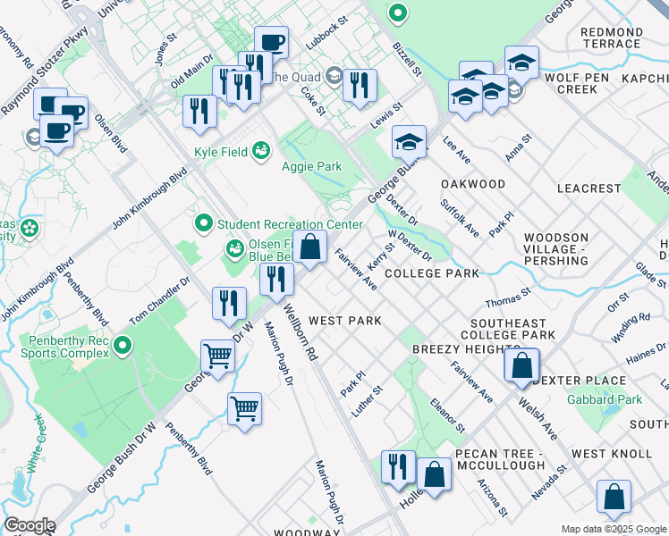 map of restaurants, bars, coffee shops, grocery stores, and more near 208 Fairview Avenue in College Station