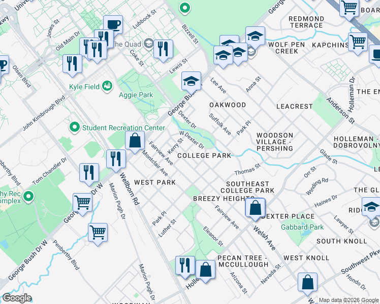 map of restaurants, bars, coffee shops, grocery stores, and more near 600 Guernsey Street in College Station