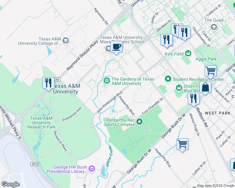 map of restaurants, bars, coffee shops, grocery stores, and more near John Kimbrough Boulevard & Penberthy Road in College Station