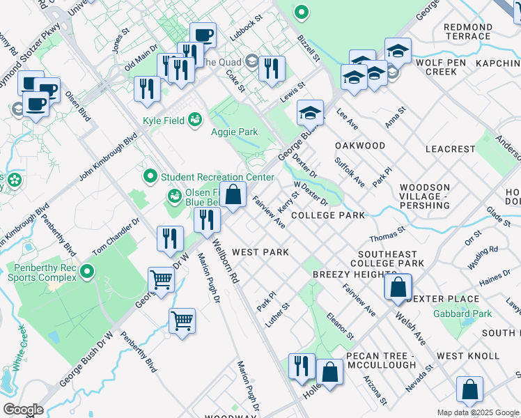 map of restaurants, bars, coffee shops, grocery stores, and more near 208 Fairview Avenue in College Station