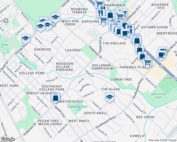 map of restaurants, bars, coffee shops, grocery stores, and more near 1110 Holik Drive in College Station