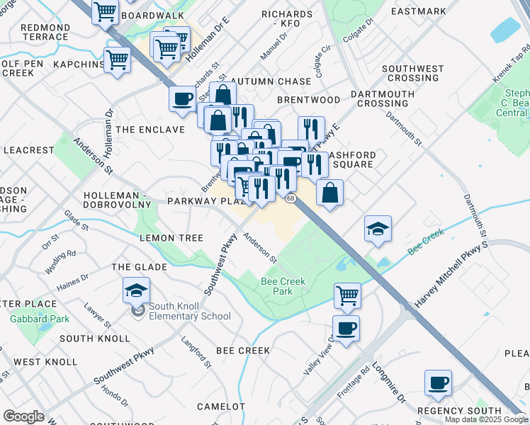 map of restaurants, bars, coffee shops, grocery stores, and more near 2418 Texas Avenue in College Station