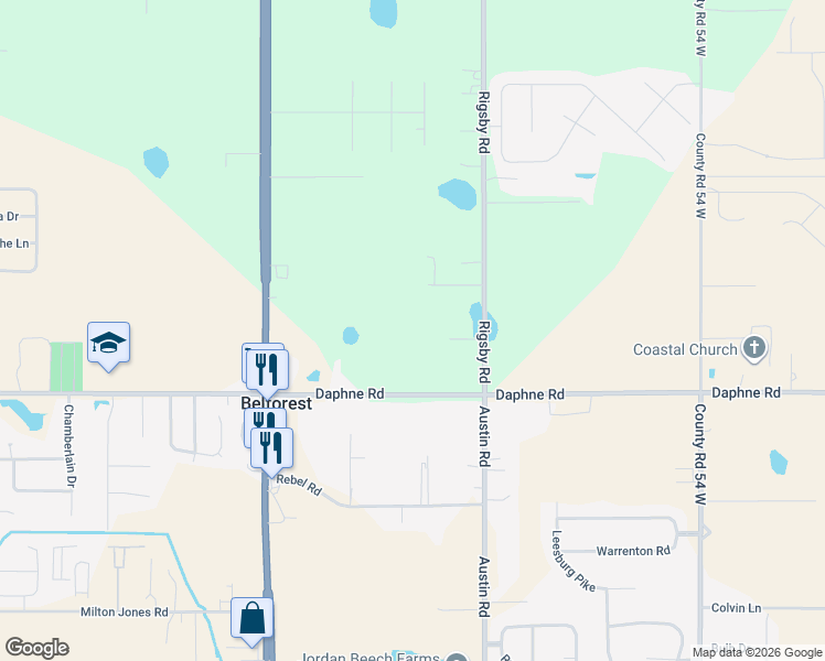 map of restaurants, bars, coffee shops, grocery stores, and more near 10375 Russ Road in Daphne