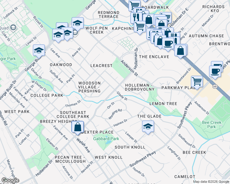map of restaurants, bars, coffee shops, grocery stores, and more near 1206 Holleman Drive in College Station