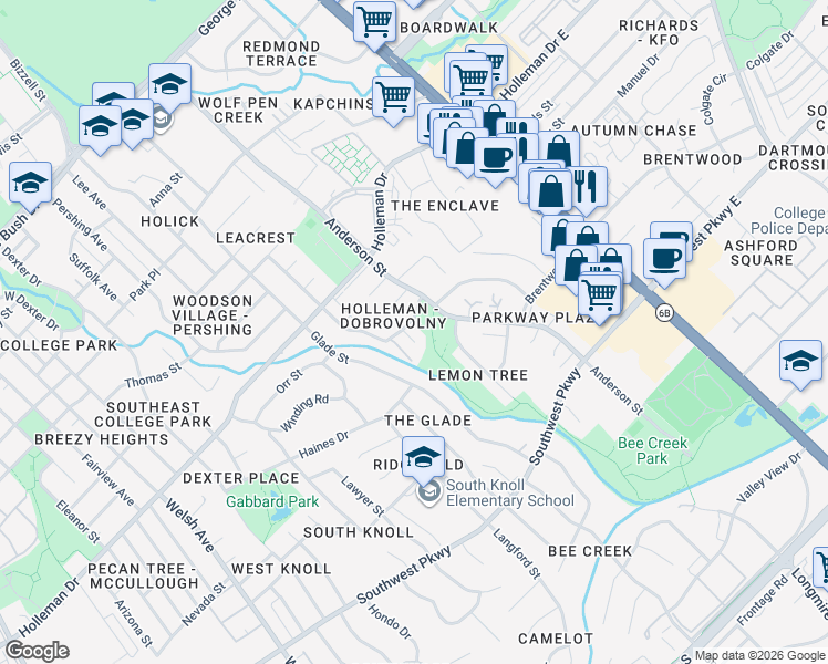 map of restaurants, bars, coffee shops, grocery stores, and more near 1203 Charles Court in College Station