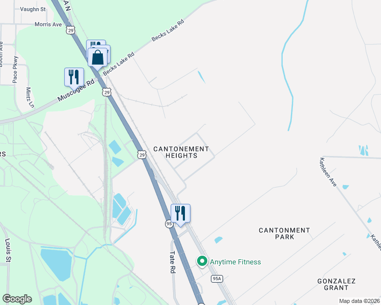 map of restaurants, bars, coffee shops, grocery stores, and more near 2025 Woodbury Drive in Cantonment