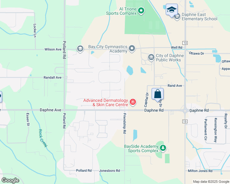 map of restaurants, bars, coffee shops, grocery stores, and more near 8390 Harmon Street in Daphne