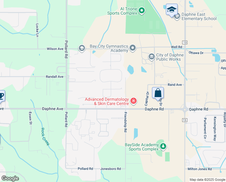 map of restaurants, bars, coffee shops, grocery stores, and more near 8390 Harmon Street in Daphne