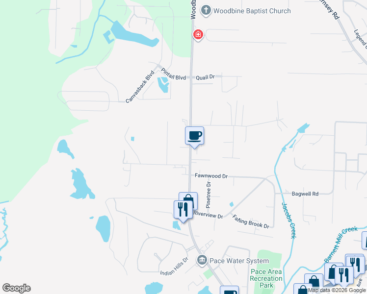 map of restaurants, bars, coffee shops, grocery stores, and more near 4627 Woodbine Road in Pace