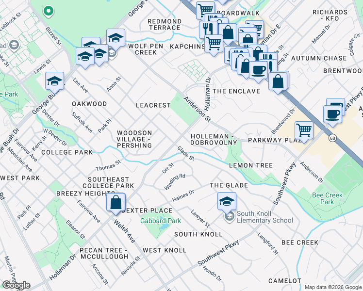map of restaurants, bars, coffee shops, grocery stores, and more near 1206 Holleman Drive in College Station