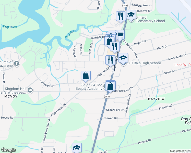 map of restaurants, bars, coffee shops, grocery stores, and more near 3208 Club House Road in Mobile