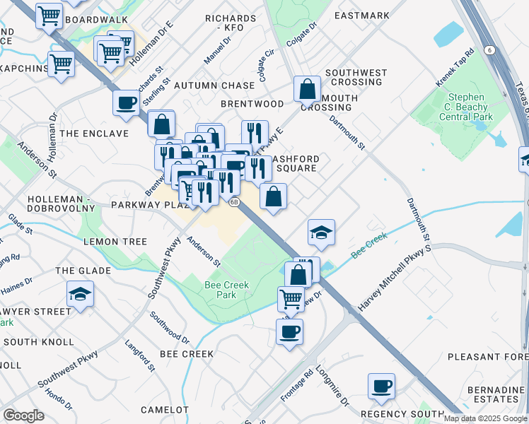 map of restaurants, bars, coffee shops, grocery stores, and more near 2553 Texas Ave S in College Station