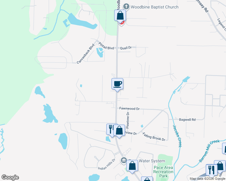 map of restaurants, bars, coffee shops, grocery stores, and more near 4627 Woodbine Road in Pace