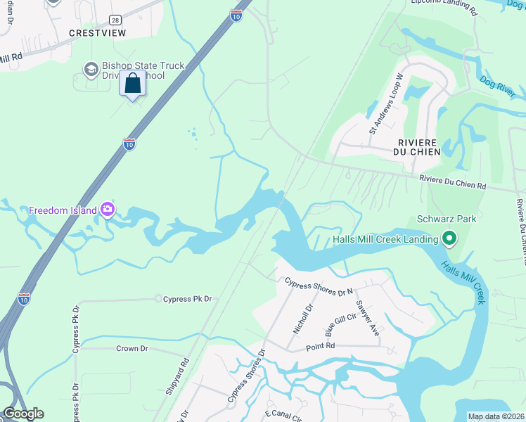 map of restaurants, bars, coffee shops, grocery stores, and more near 4151 Shipyard Road in Mobile