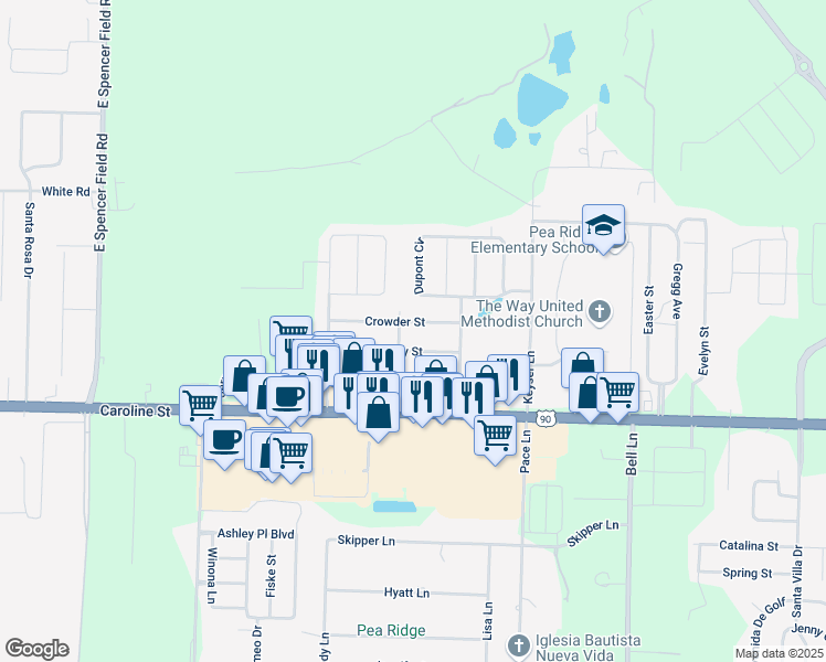 map of restaurants, bars, coffee shops, grocery stores, and more near 4668 Shadow Oak Drive in Pace