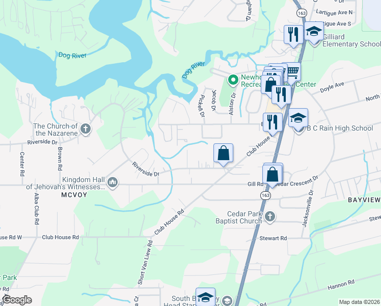 map of restaurants, bars, coffee shops, grocery stores, and more near 3155 Lawton Court in Mobile