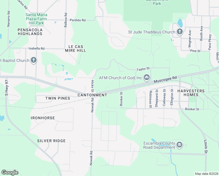 map of restaurants, bars, coffee shops, grocery stores, and more near 923 Muscogee Road in Escambia County