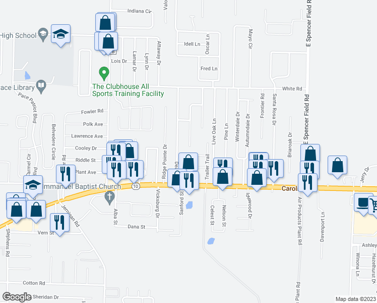 map of restaurants, bars, coffee shops, grocery stores, and more near 4645 Laquinta Court in Pace