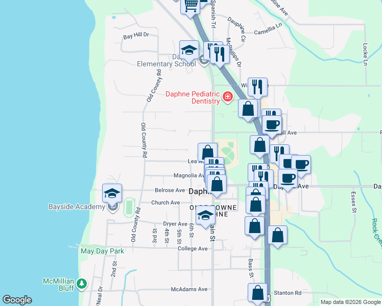 map of restaurants, bars, coffee shops, grocery stores, and more near 20 Saint Charles Place in Daphne