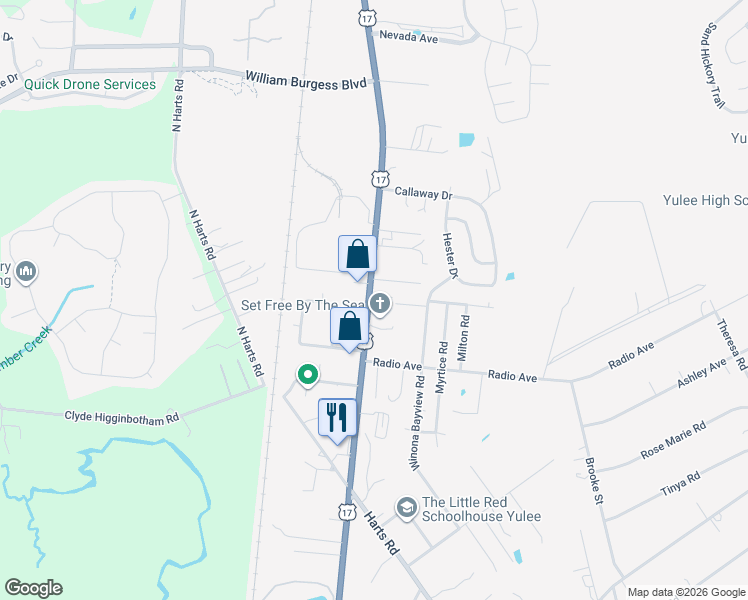 map of restaurants, bars, coffee shops, grocery stores, and more near 1574 Fields Road in Yulee