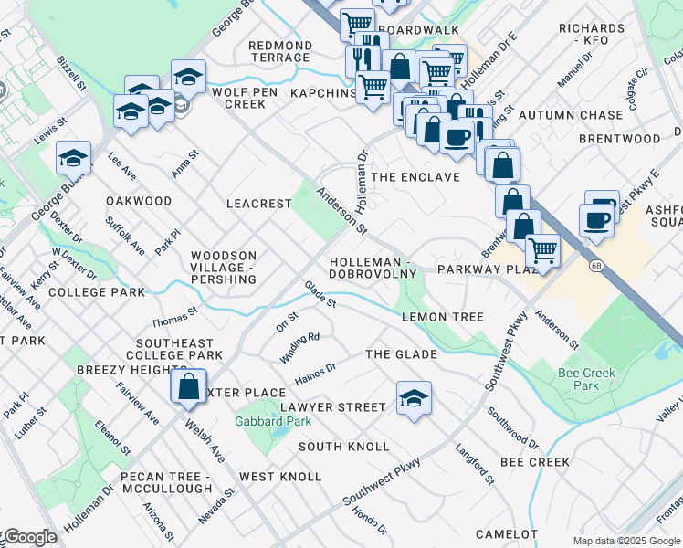 map of restaurants, bars, coffee shops, grocery stores, and more near 1110 Holik Drive in College Station
