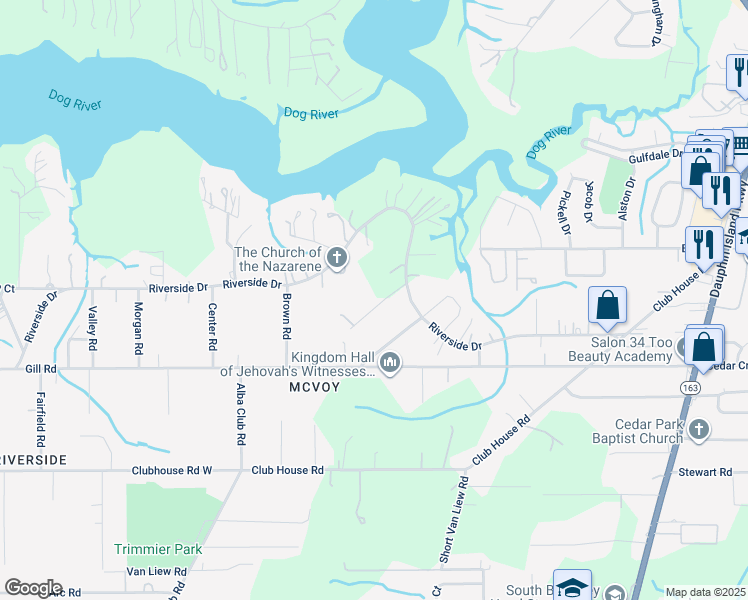 map of restaurants, bars, coffee shops, grocery stores, and more near 2250 Annwood Drive in Mobile