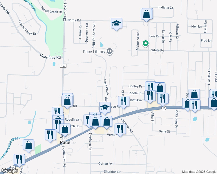 map of restaurants, bars, coffee shops, grocery stores, and more near 4574 Belvedere Circle in Pace