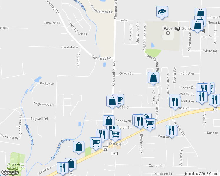map of restaurants, bars, coffee shops, grocery stores, and more near 4663 Chumuckla Highway in Pace