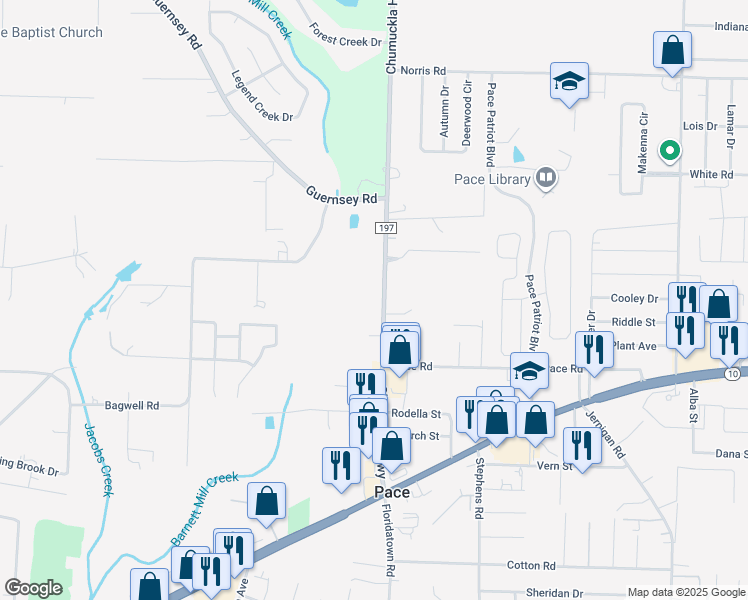 map of restaurants, bars, coffee shops, grocery stores, and more near 4663 Chumuckla Highway in Pace