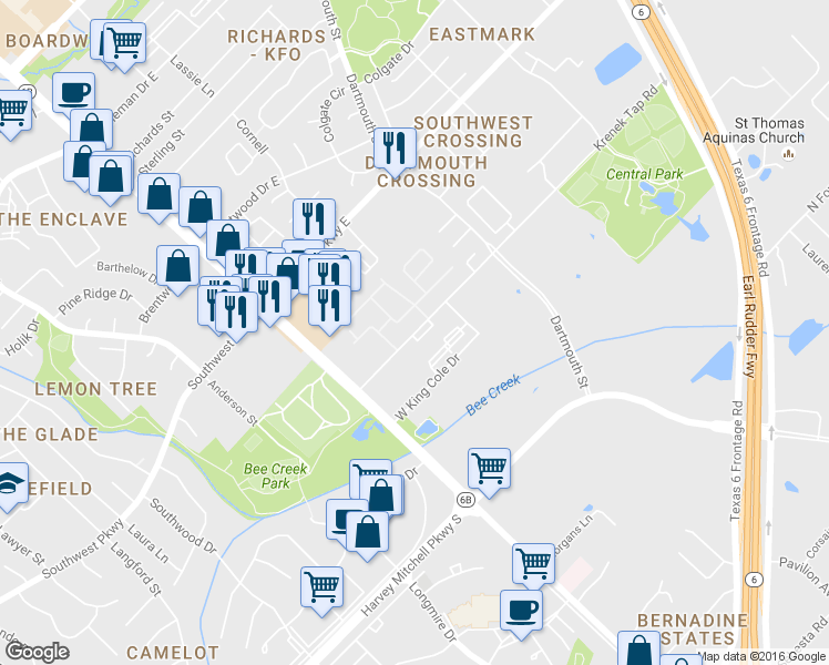 map of restaurants, bars, coffee shops, grocery stores, and more near 201 Krenek Tap Road in College Station