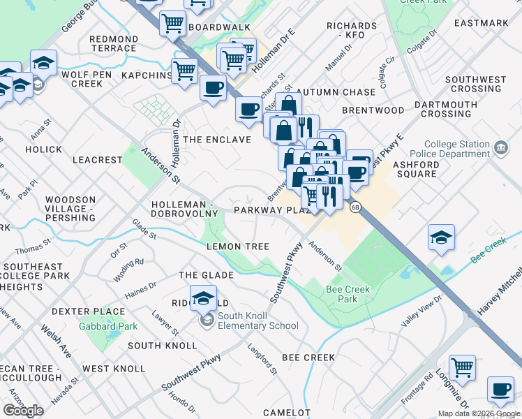 map of restaurants, bars, coffee shops, grocery stores, and more near 1504 Anderson Street in College Station
