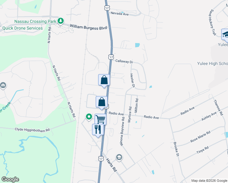 map of restaurants, bars, coffee shops, grocery stores, and more near 1574 Fields Road in Yulee
