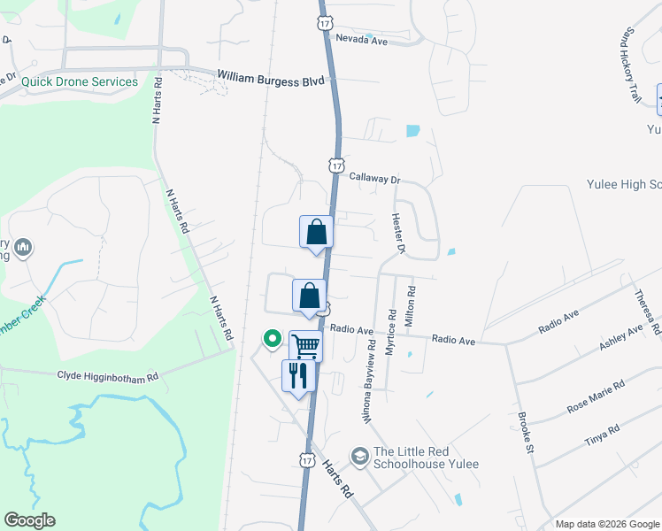 map of restaurants, bars, coffee shops, grocery stores, and more near 1574 Fields Road in Yulee