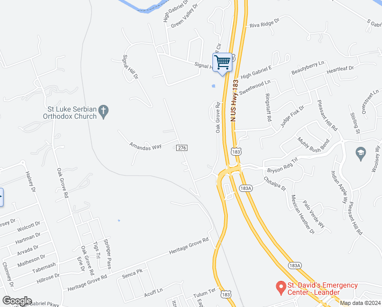map of restaurants, bars, coffee shops, grocery stores, and more near 301 County Road 276 in Leander