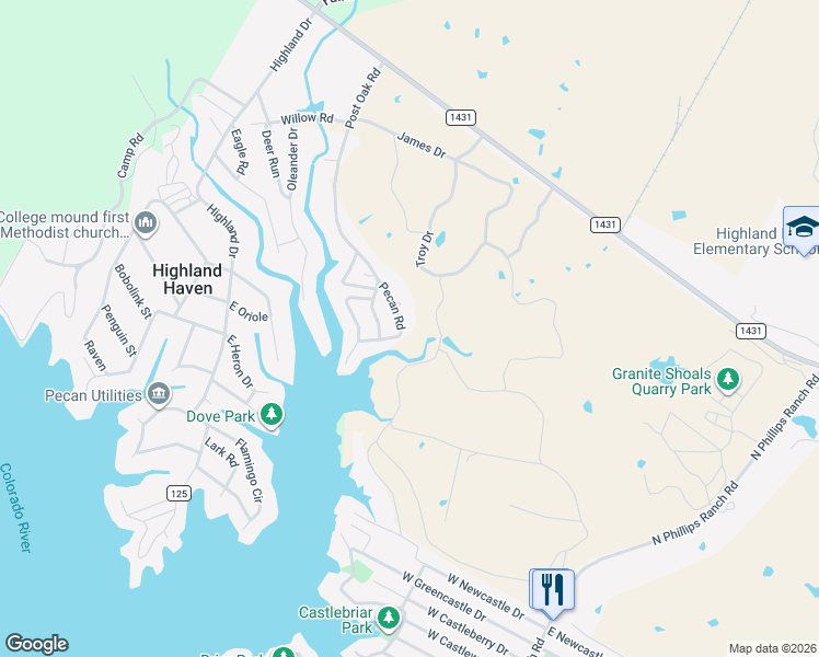 map of restaurants, bars, coffee shops, grocery stores, and more near 139 Pecan Road in Marble Falls