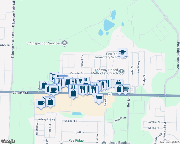map of restaurants, bars, coffee shops, grocery stores, and more near 4930 Crowder Street in Pace
